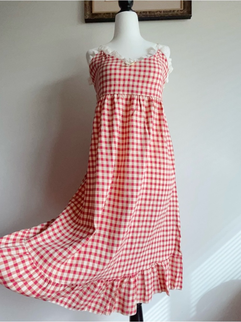 Red Gingham Lace Nightdress | Adjustable Strap Pajama | Cottage-core Sleepwear